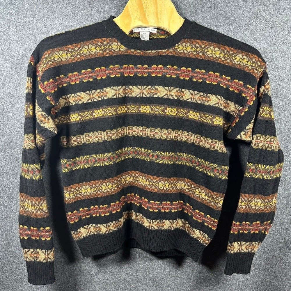 Geoffrey Beene Mens M Black Multi Color Geometric Lambswool Sweater Crew Neck